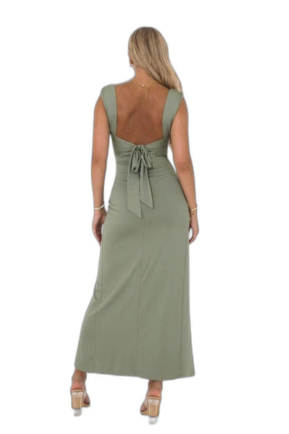 Elegant Sage Green Maxi Dress for Women with Cowl Neck Sleeveless Bodycon Cocktail Style
