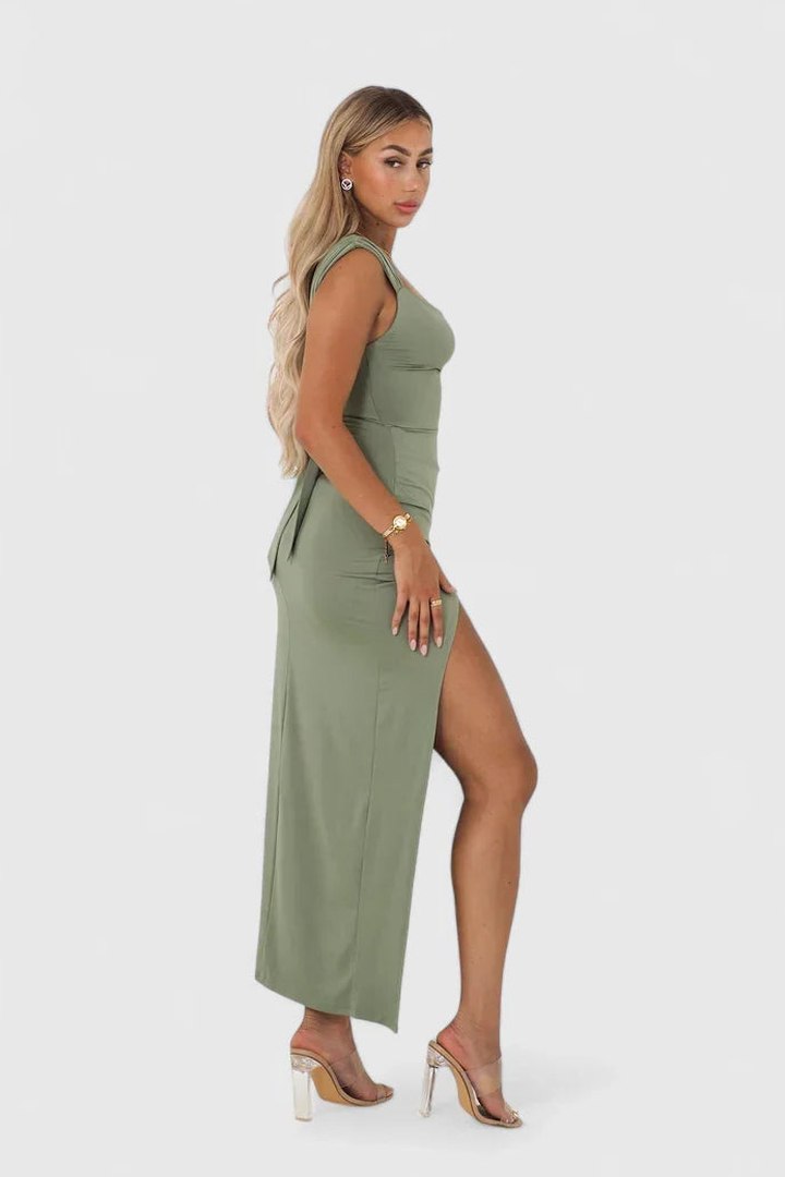 Elegant Sage Green Maxi Dress for Women with Cowl Neck Sleeveless Bodycon Cocktail Style