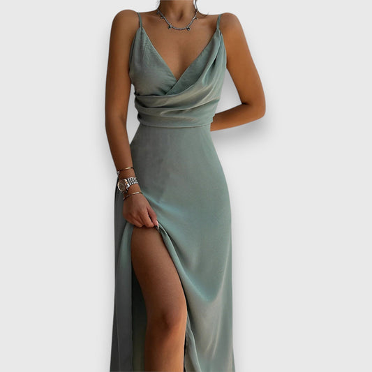 Elegant Sage Green Satin Maxi Dress for Women with Cowl Neck Sleeveless Bodycon Cocktail Style
