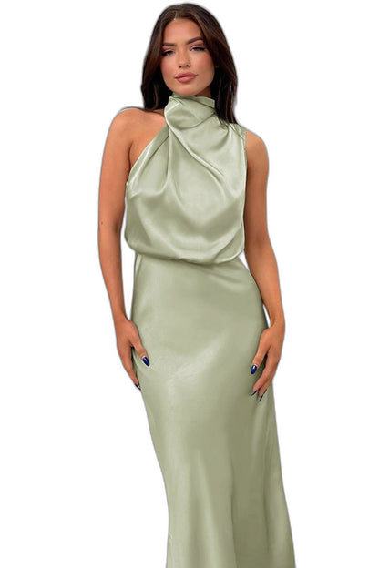 Elegant Sage Green Satin Maxi Dress for Women with Halter Sleeveless Bodycon Flowing Formal Style