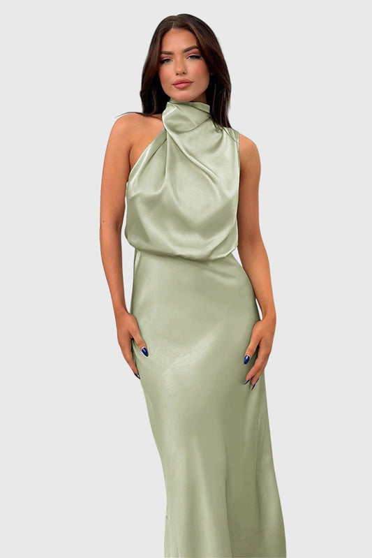 Elegant Sage Green Satin Maxi Dress for Women with Halter Sleeveless Bodycon Flowing Formal Style