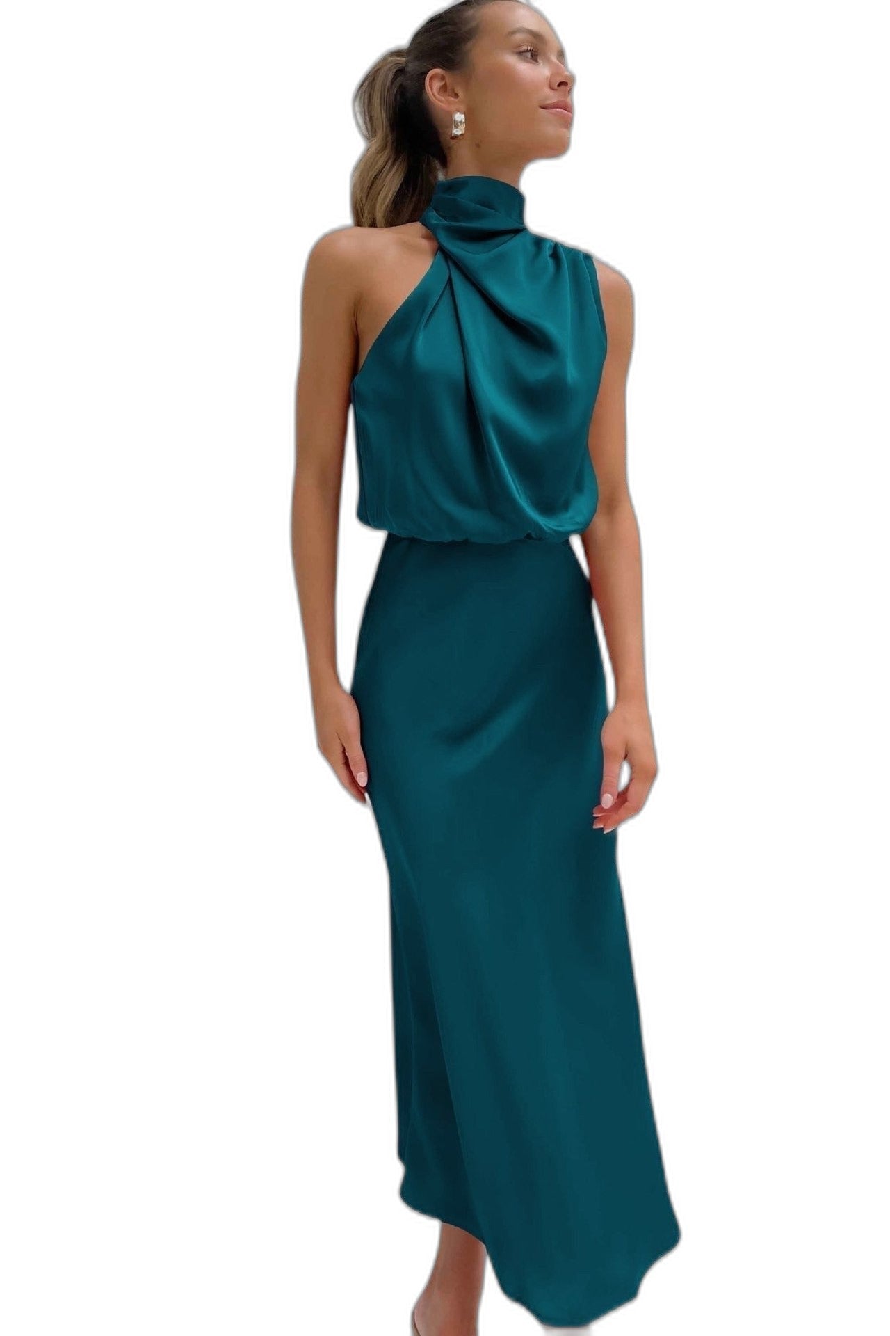 Elegant Sage Green Satin Maxi Dress for Women with Halter Sleeveless Bodycon Flowing Formal Style