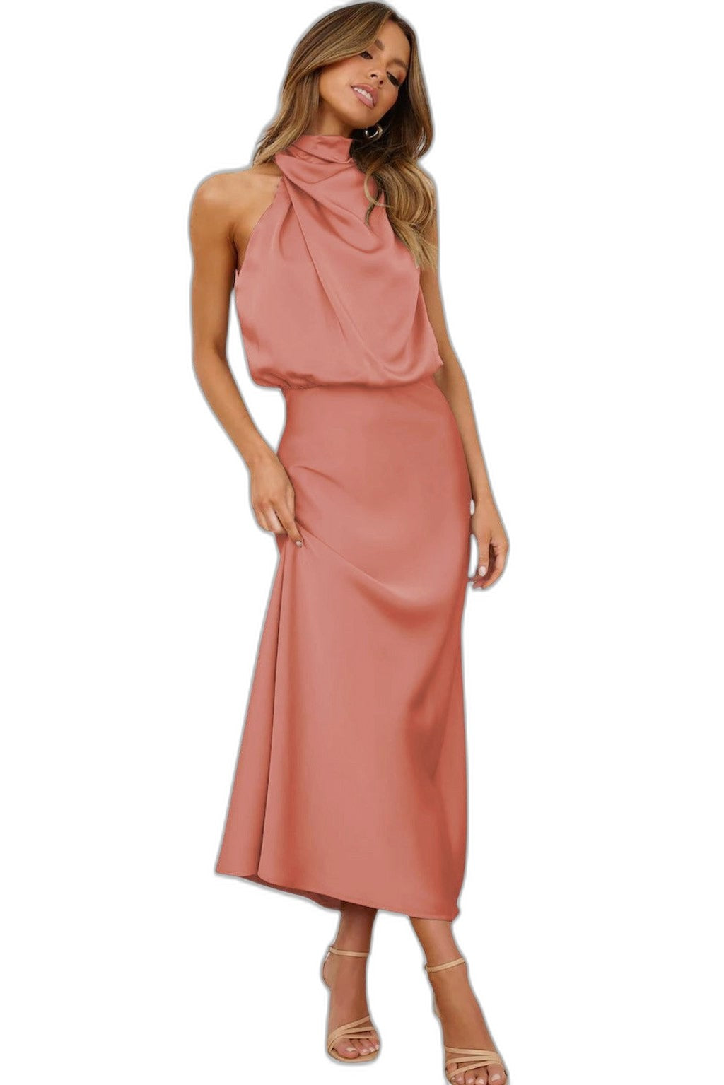 Elegant Sage Green Satin Maxi Dress for Women with Halter Sleeveless Bodycon Flowing Formal Style