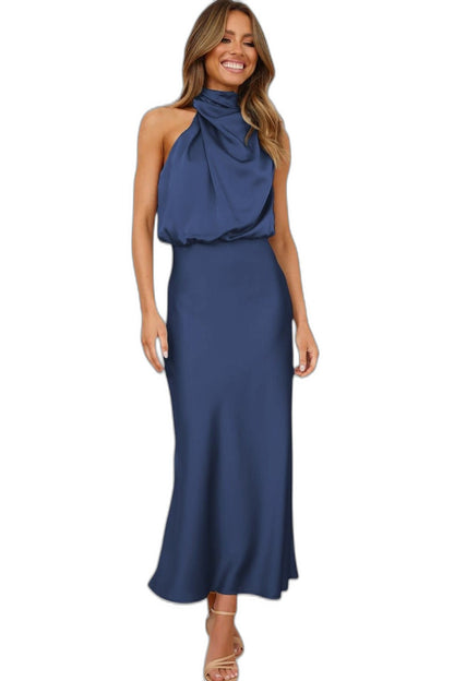 Elegant Sage Green Satin Maxi Dress for Women with Halter Sleeveless Bodycon Flowing Formal Style