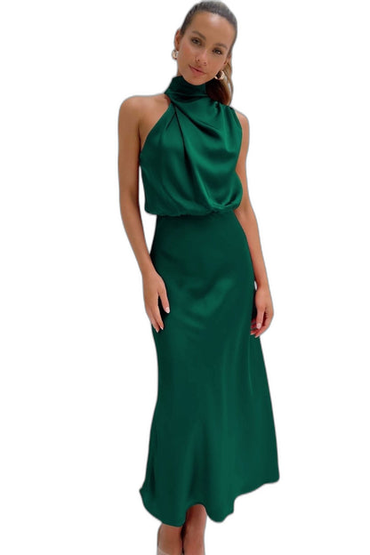 Elegant Sage Green Satin Maxi Dress for Women with Halter Sleeveless Bodycon Flowing Formal Style