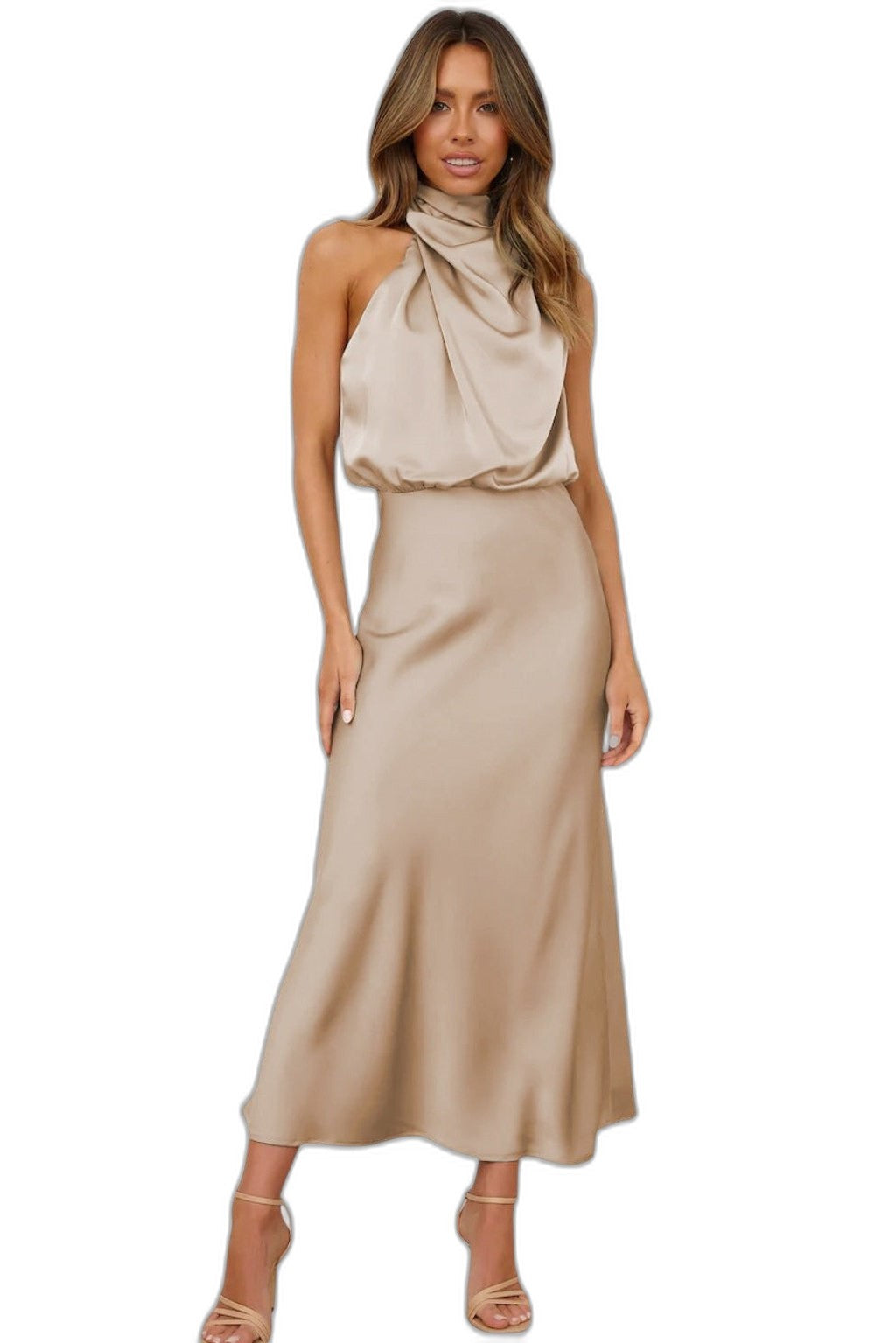 Elegant Sage Green Satin Maxi Dress for Women with Halter Sleeveless Bodycon Flowing Formal Style