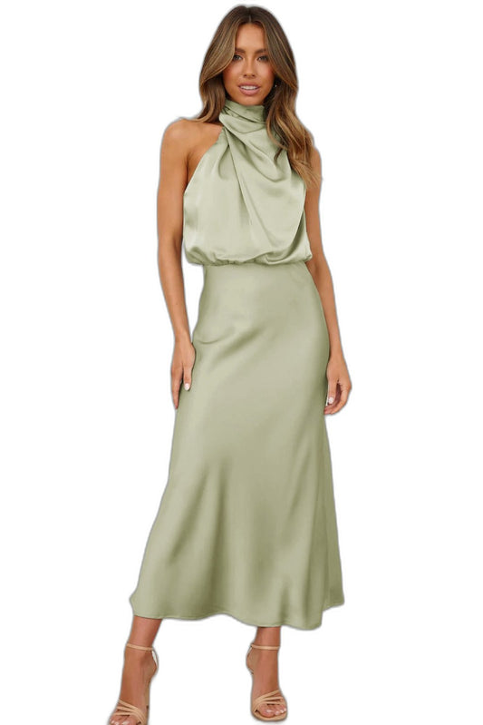 Elegant Sage Green Satin Maxi Dress for Women with Halter Sleeveless Flowing Cocktail Style