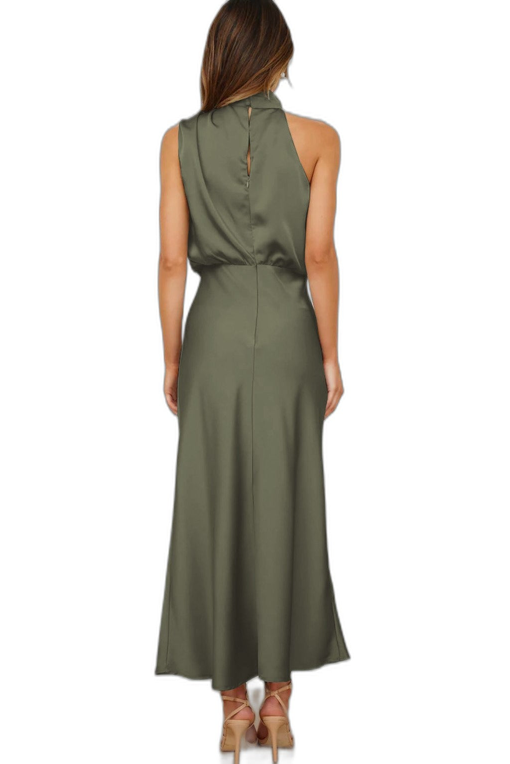 Elegant Sage Green Satin Maxi Dress for Women with Halter Sleeveless Flowing Cocktail Style