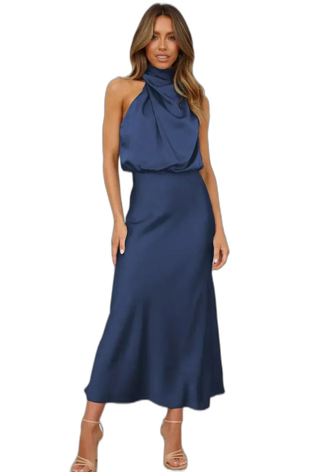 Elegant Sage Green Satin Maxi Dress for Women with Halter Sleeveless Flowing Cocktail Style