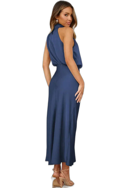 Elegant Sage Green Satin Maxi Dress for Women with Halter Sleeveless Flowing Cocktail Style