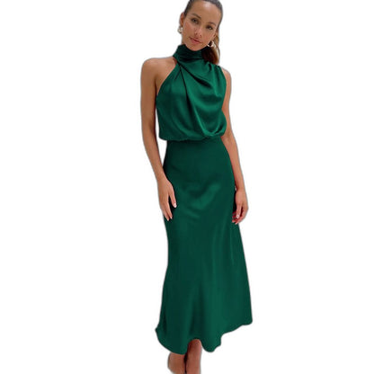 Elegant Sage Green Satin Maxi Dress for Women with Halter Sleeveless Flowing Cocktail Style