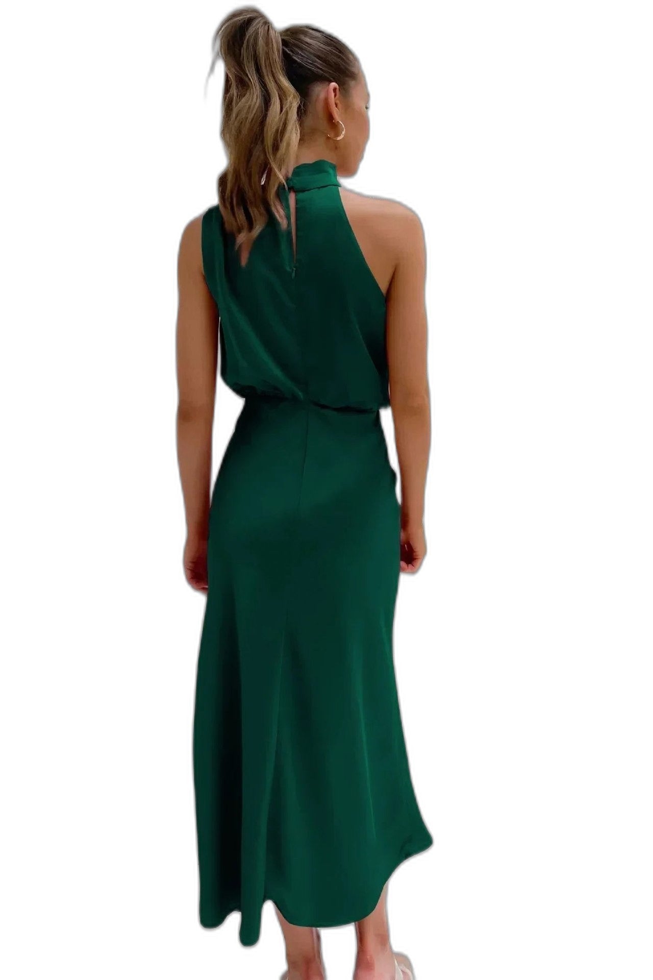 Elegant Sage Green Satin Maxi Dress for Women with Halter Sleeveless Flowing Cocktail Style