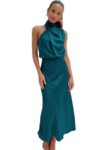 Elegant Sage Green Satin Maxi Dress for Women with Halter Sleeveless Flowing Cocktail Style