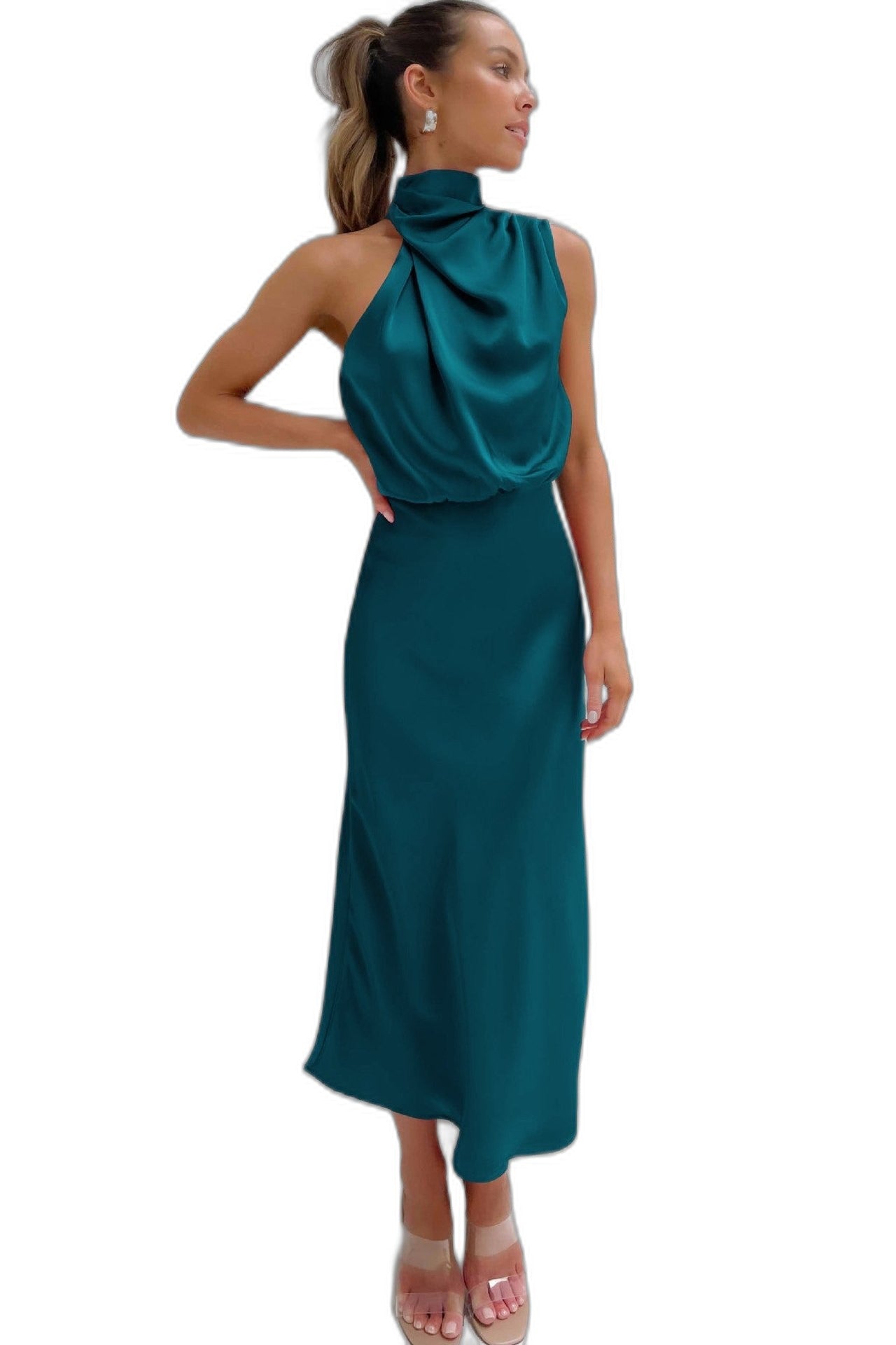 Elegant Sage Green Satin Maxi Dress for Women with Halter Sleeveless Flowing Cocktail Style