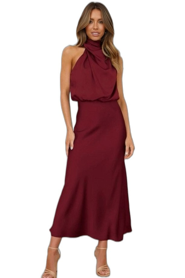 Elegant Sage Green Satin Maxi Dress for Women with Halter Sleeveless Flowing Cocktail Style