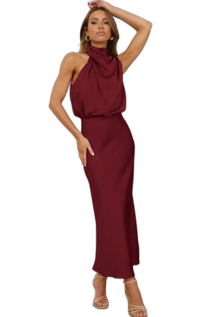 Elegant Sage Green Satin Maxi Dress for Women with Halter Sleeveless Flowing Cocktail Style
