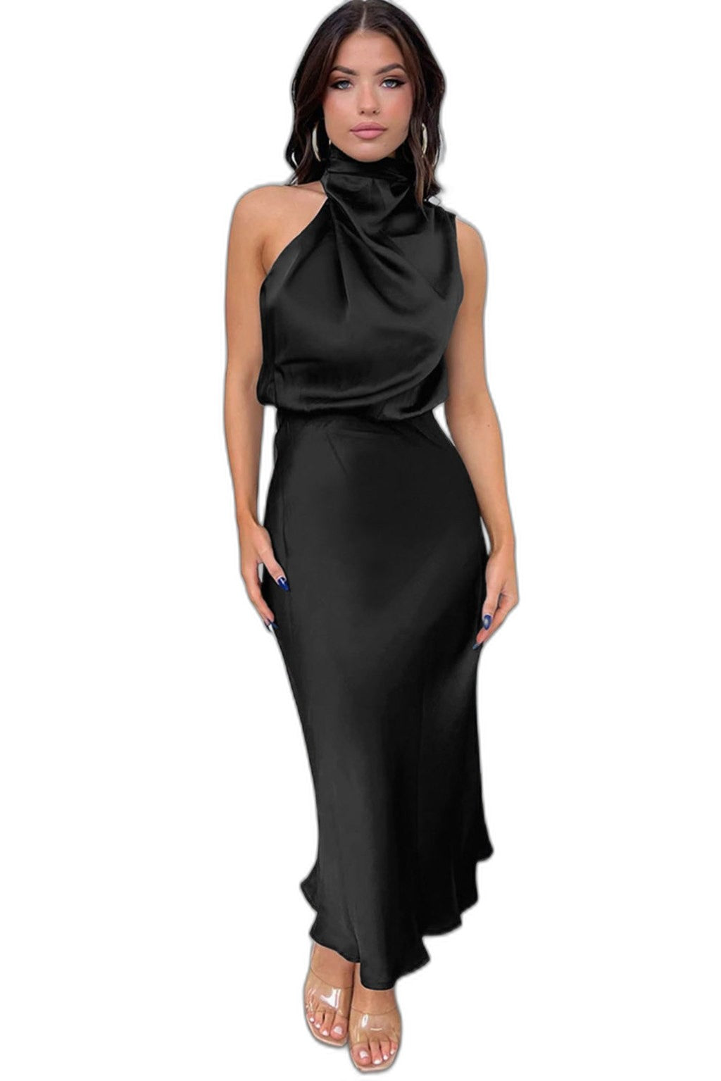 Elegant Sage Green Satin Maxi Dress for Women with Halter Sleeveless Flowing Cocktail Style