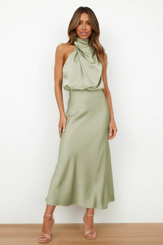 Elegant Sage Green Satin Maxi Dress for Women with Halter Sleeveless Flowing Cocktail Style