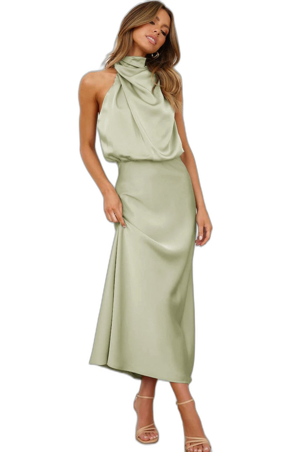 Elegant Sage Green Satin Maxi Dress for Women with Halter Sleeveless Flowing Cocktail Style