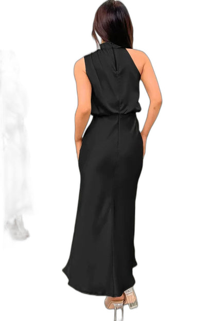 Elegant Sage Green Satin Maxi Dress for Women with Halter Sleeveless Flowing Cocktail Style