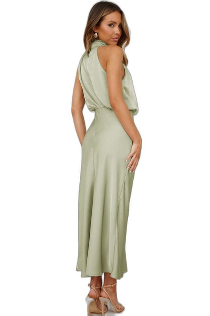 Elegant Sage Green Satin Maxi Dress for Women with Halter Sleeveless Flowing Cocktail Style