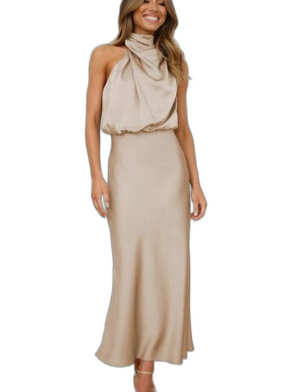 Elegant Sage Green Satin Maxi Dress for Women with Halter Sleeveless Flowing Cocktail Style