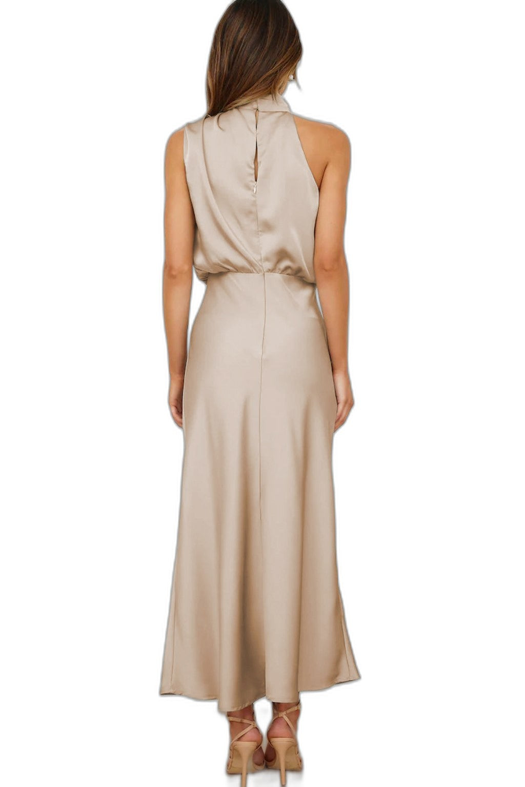 Elegant Sage Green Satin Maxi Dress for Women with Halter Sleeveless Flowing Cocktail Style