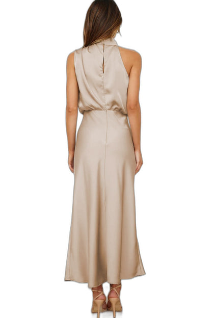 Elegant Sage Green Satin Maxi Dress for Women with Halter Sleeveless Flowing Cocktail Style