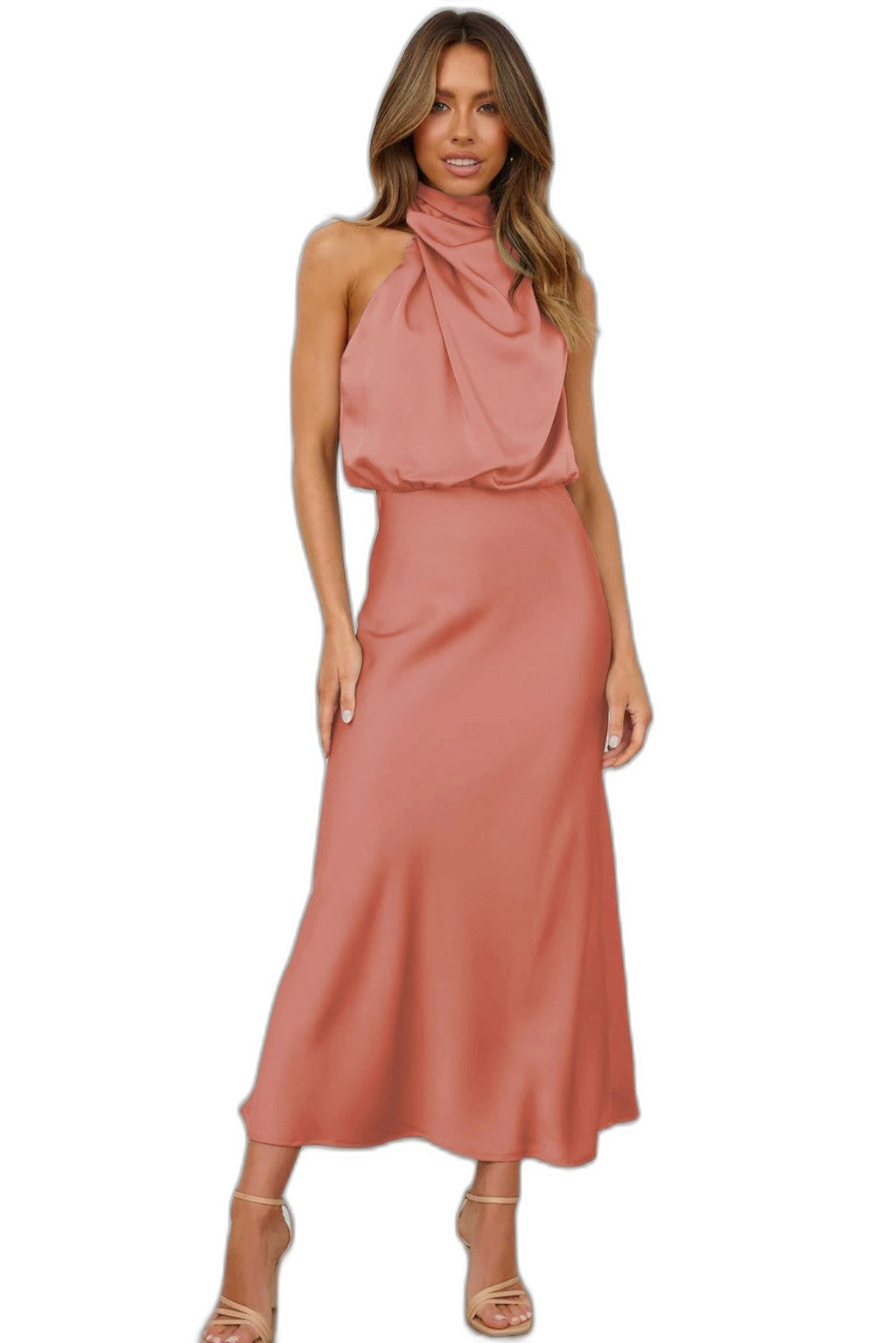 Elegant Sage Green Satin Maxi Dress for Women with Halter Sleeveless Flowing Cocktail Style