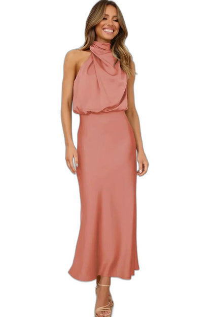 Elegant Sage Green Satin Maxi Dress for Women with Halter Sleeveless Flowing Cocktail Style
