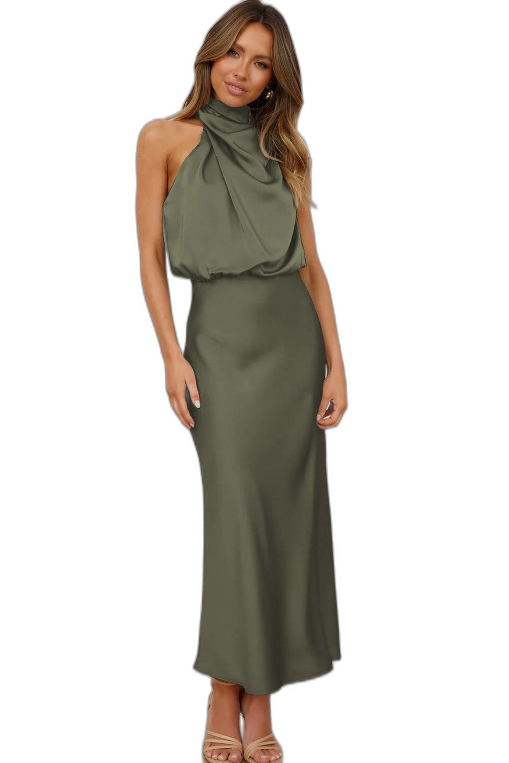 Elegant Sage Green Satin Maxi Dress for Women with Halter Sleeveless Flowing Cocktail Style