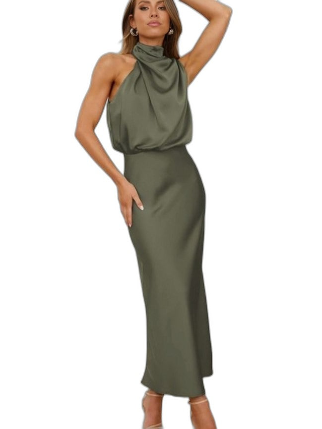 Elegant Sage Green Satin Maxi Dress for Women with Halter Sleeveless Flowing Cocktail Style