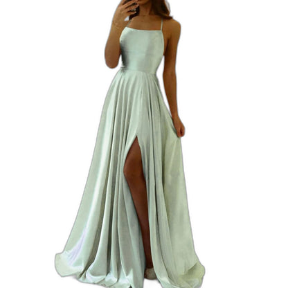 Elegant Sage Green Satin Maxi Dress for Women with Square Neck Sleeveless A Line Flowing Formal Style