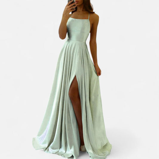Elegant Sage Green Satin Maxi Dress for Women with Square Neck Sleeveless A Line Flowing Formal Style