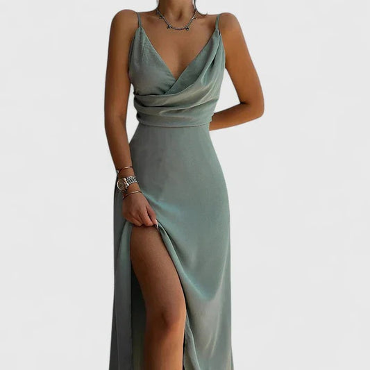 Elegant Sage Green Satin Maxi Dress for Women with V Neck Sleeveless Wrap Cocktail Style