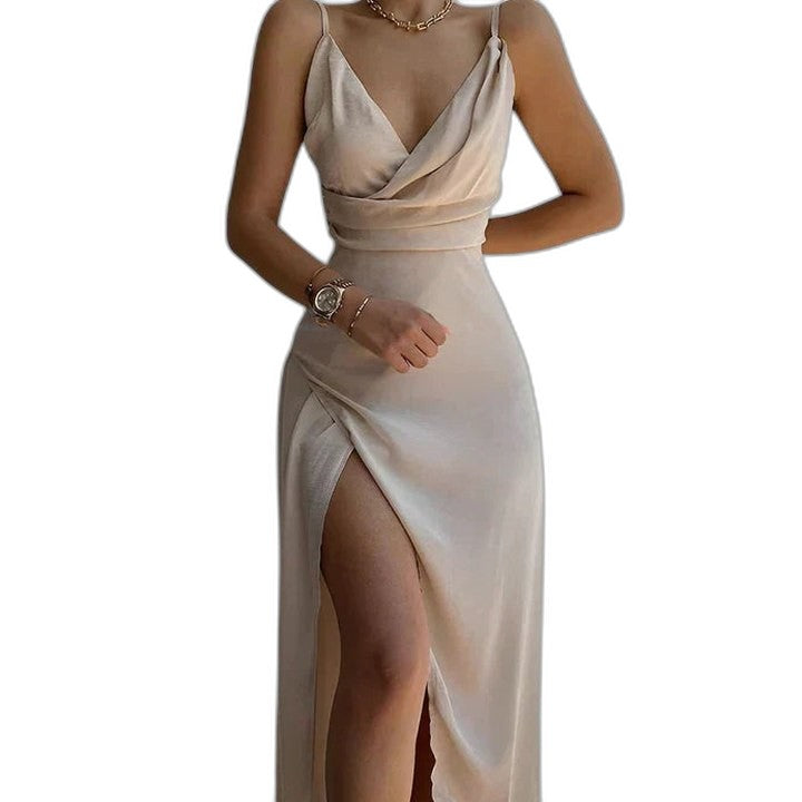Elegant Sage Green Satin Maxi Dress for Women with V Neck Sleeveless Wrap Cocktail Style