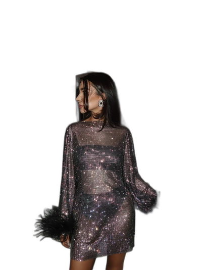 Elegant Sequin Mini Dress for Women with High Neck Long Sleeve Straight Leg Fur Lined Party Style