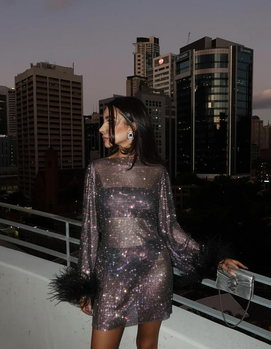 Elegant Sequin Mini Dress for Women with High Neck Long Sleeve Straight Leg Fur Lined Party Style