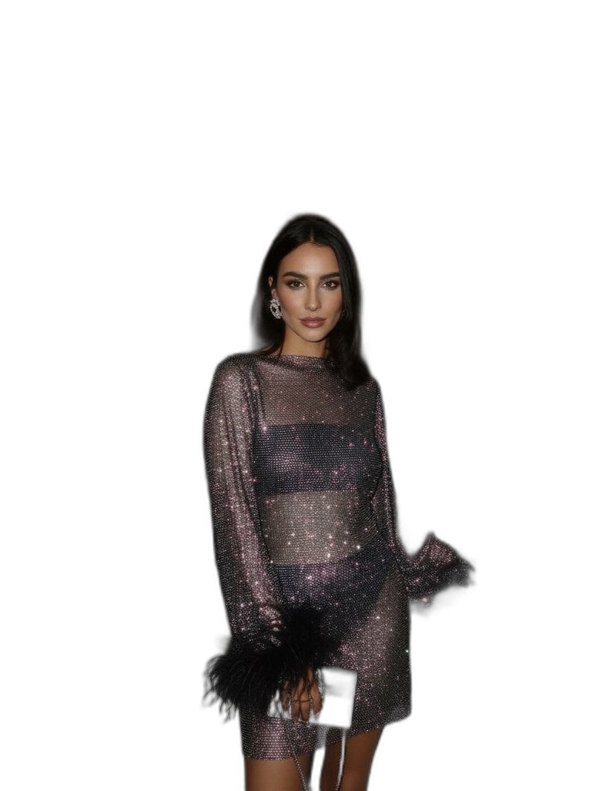 Elegant Sequin Mini Dress for Women with High Neck Long Sleeve Straight Leg Fur Lined Party Style