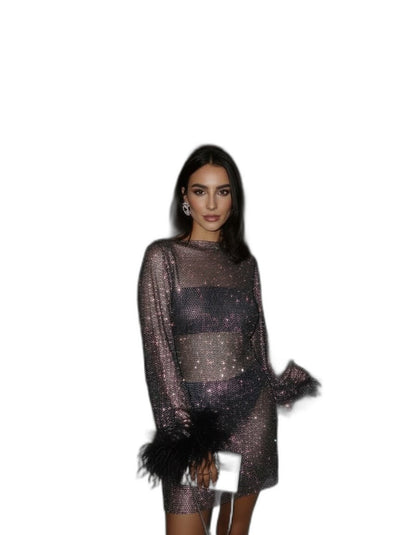Elegant Sequin Mini Dress for Women with High Neck Long Sleeve Straight Leg Fur Lined Party Style