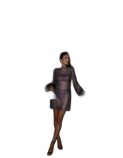 Elegant Sequin Mini Dress for Women with High Neck Long Sleeve Straight Leg Fur Lined Party Style