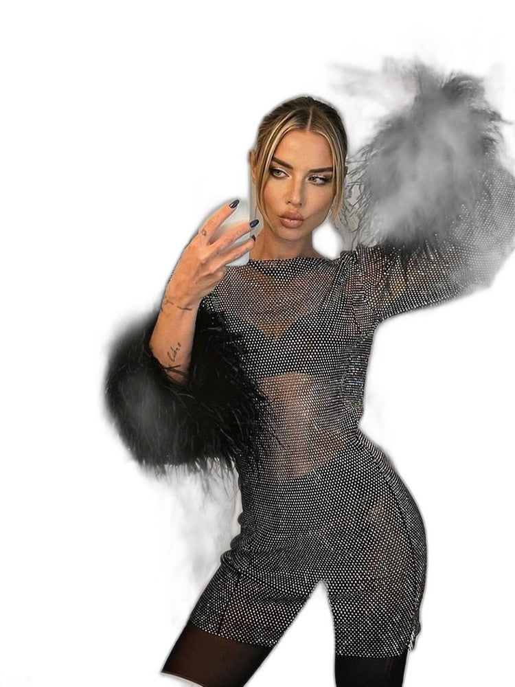 Elegant Sequin Mini Dress for Women with High Neck Long Sleeve Straight Leg Fur Lined Party Style