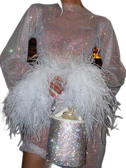 Elegant Sequin Mini Dress for Women with High Neck Long Sleeve Straight Leg Fur Lined Party Style