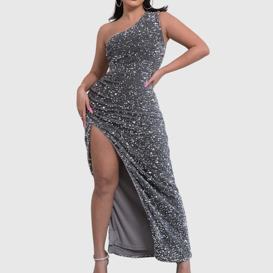 Elegant Silver Sequin Maxi Dress for Women with One Shoulder Sleeveless Bodycon Ruched Party Style