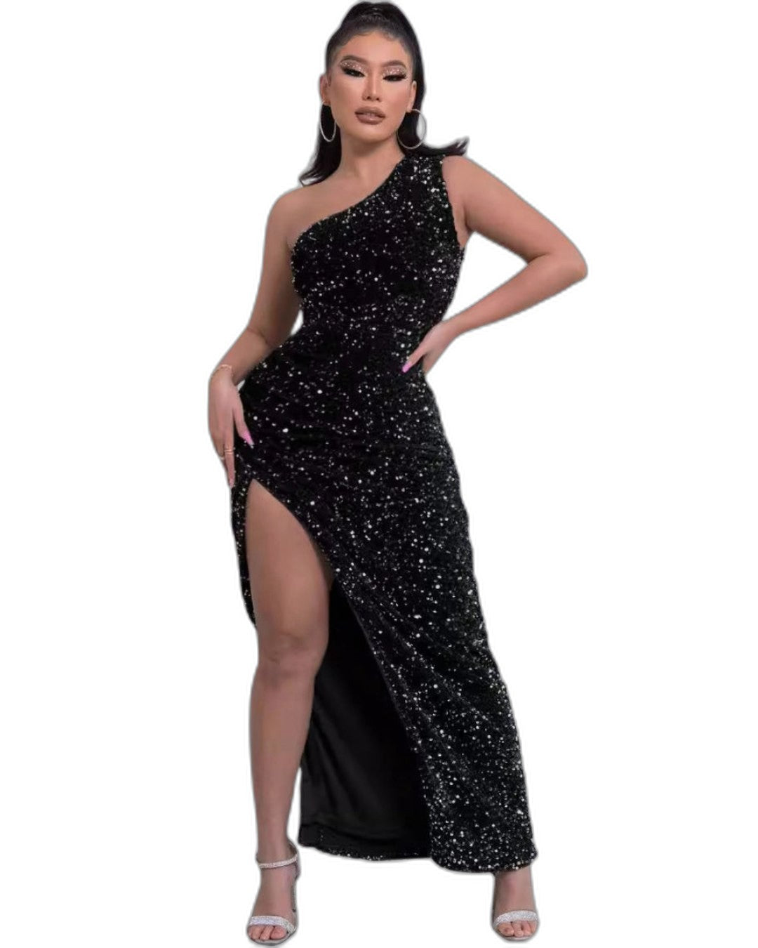 Elegant Silver Sequin Maxi Dress for Women with One Shoulder Sleeveless Bodycon Ruched Party Style