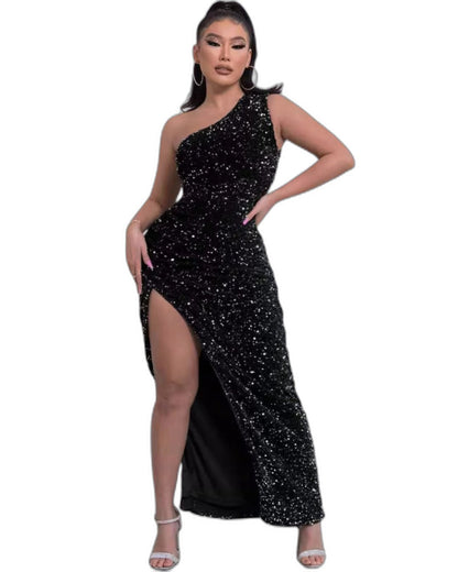Elegant Silver Sequin Maxi Dress for Women with One Shoulder Sleeveless Bodycon Ruched Party Style