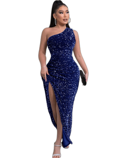 Elegant Silver Sequin Maxi Dress for Women with One Shoulder Sleeveless Bodycon Ruched Party Style