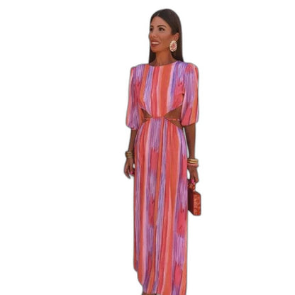 Elegant Striped Maxi Dress for Women with Crew Neck Puff Sleeve Flowing Cocktail Style