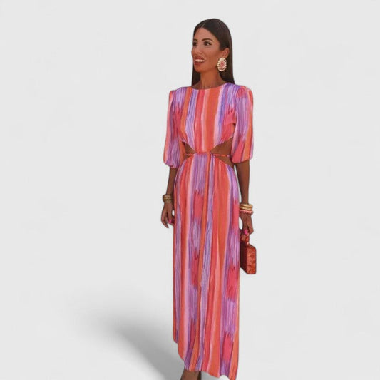 Elegant Striped Maxi Dress for Women with Crew Neck Puff Sleeve Flowing Cocktail Style