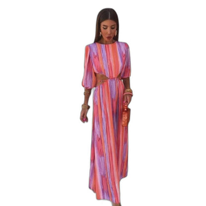 Elegant Striped Maxi Dress for Women with Crew Neck Puff Sleeve Flowing Cocktail Style